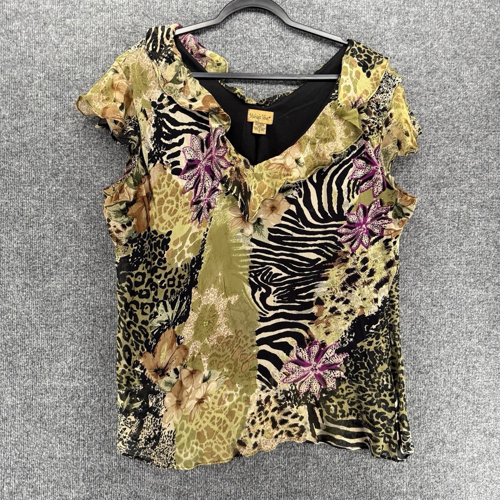 Midnight Velvet Y2K Top Womens 1X Patchwork Beaded Chiffon Ruffle V-Neck 90s
